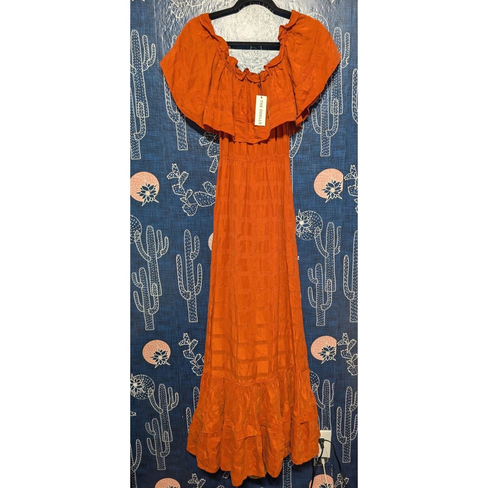 The Odells Burnt Orange Jacquard Check Ruffle Off Shoulder Maxi Dress Small NWT
